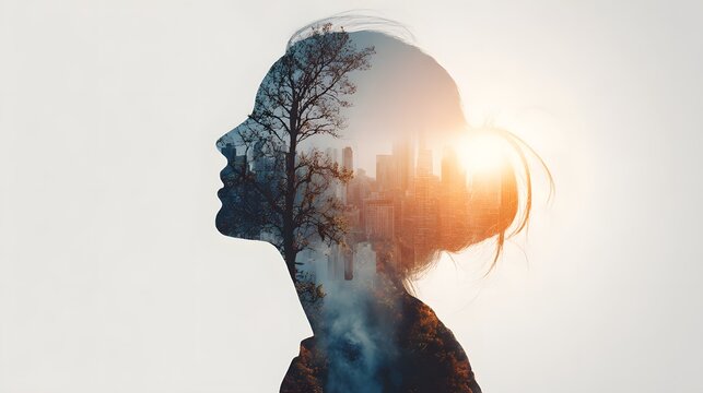 Silhouette of a woman's profile filled with a forest and city skyline.