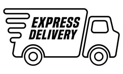 Solid black vector icon of a delivery truck with the white text 