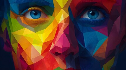 Vibrant, colorful face with geometric patterns and bright blue eyes.