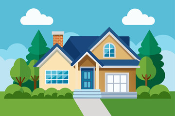 Charming suburban house with blue roof and green trees under a blue sky