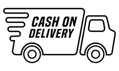 Solid black vector icon of a delivery truck with the white text "cash on delivery" on the side. Minimalist, flat design representing free shipping, delivery, and service. Isolated on white.