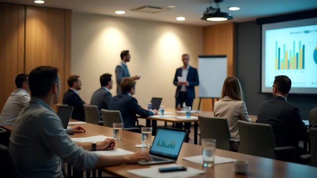 Renewable energy consortium reviewing farm industry impact of USMCA trade agreement revisions in rural policy workshop with data charts in  Photo Stock  Concept  and empty space on the left side