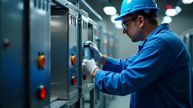 High?capacity water filtration system installation showcasing technician replacing particulate filters in commercial purification unit under factory lighting in  Photo Stock  Concept  and empty space 