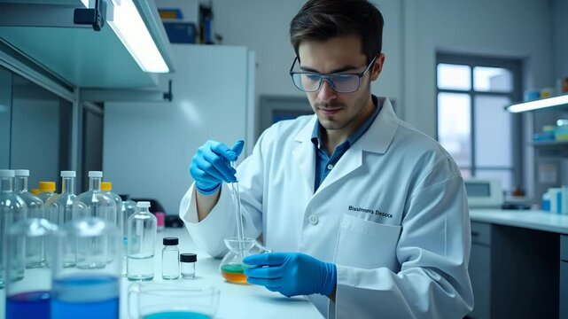 Specialized water lab technician preparing titration assay for chemical oxygen demand test in high?precision laboratory environment in  Photo Stock  Concept  and empty space on the left side