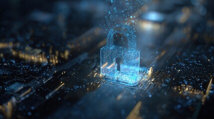 Digital Security: A transparent padlock, symbolizing robust digital security, glows against the backdrop of a futuristic circuit board, safeguarding the intricate network of interconnected data