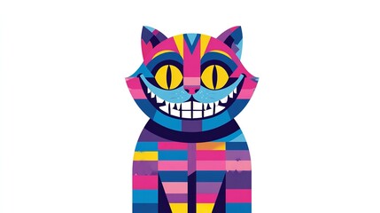 Colorful cheshire cat with a wide grin isolated on white background, a whimsical and vibrant illustration