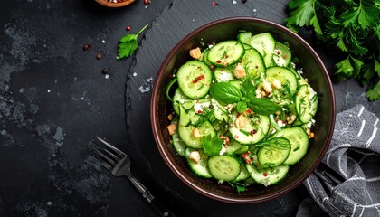 Fresh Cucumber Salad with Feta Cheese and Herbs Garnished with Basil and Parsley Served in a Rustic Bowl on a Dark Textured Surface with a Fork Nearby