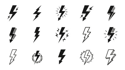 Dynamic Collection of Electric Lightning Bolt Icons - Thunderbolt Energy Symbols Set for Power and Storm Warnings