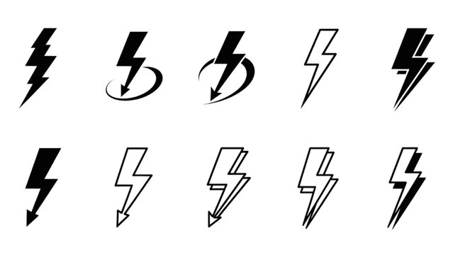 Collection of Various Lightning Bolt Icons in Black and White for Design Elements