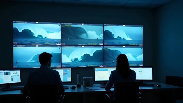 Control room operators analyzing disaster warning screen displaying real time multiple hazard alerts including tsunami flood and storm surge warnings in  Photo Stock  Concept  and empty space on the l