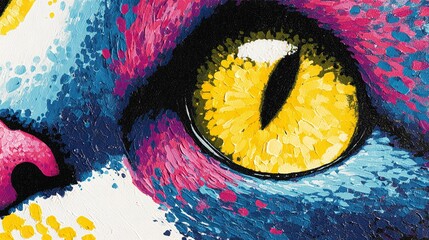 Closeup of a vibrant and colorful cat eye painting, showcasing the intricate details and textures of the artwork