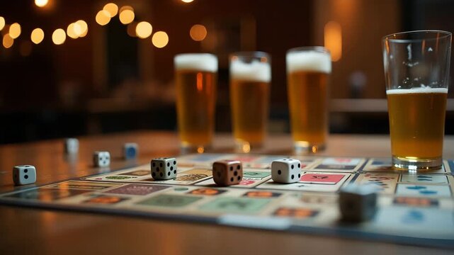 Casual board games beer night tabletop layout featuring dice cards beer mugs strategy play engaging social game evening leisure capture in  Photo Stock  Concept  and empty space on the left side
