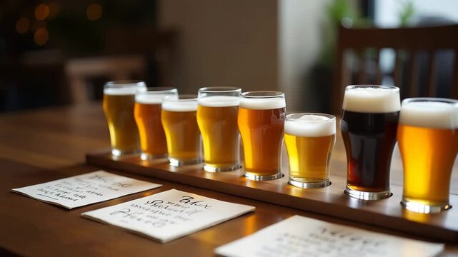 Casual beer tasting spread farmhouse table arranged tasting glasses craft brew selection tasting notes cards inviting educational sampling experience lifestyle imagery in  Photo Stock  Concept  and em