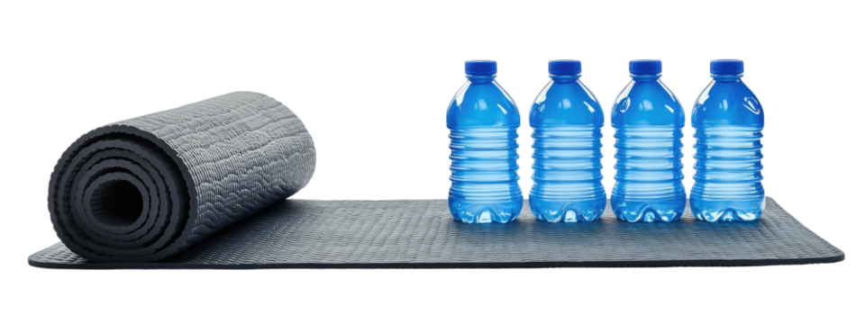Exercise Rolled mat with four blue water bottles on black surface