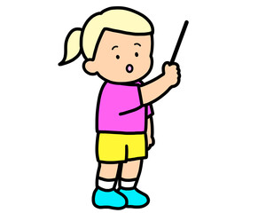 黒板の前で説明する金髪の女の子　棒あり