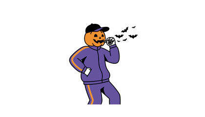 Jackolantern in tracksuit with whistle and bats Halloween sports spooky fun coaching concept