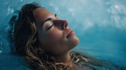 A woman with wavy hair floats in a tranquil blue pool soaking in the peaceful atmosphere. The suns rays gently illuminate her relaxed face enhancing her serene expression.