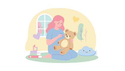 Young woman mending a teddy bear showing care creativity and a gentle home hobby