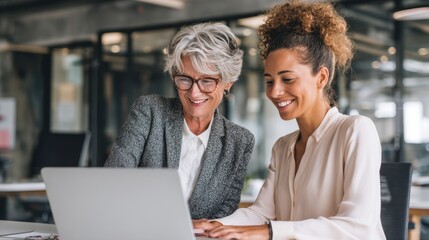 Fototapeta premium In a contemporary office environment two women share a moment of collaboration as they look at a laptop together. They appear engaged and focused during their working session.