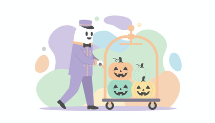 Cute bellhop delivering colorful Halloween jackolanterns on a service cart