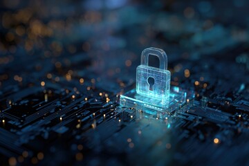 Cyber Security: A luminous padlock superimposed on a digital circuit board, symbolizing the protection of sensitive information and data in an interconnected world.