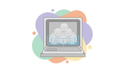 Humorous illustration human skulls in a dishwasher a dark joke about chores or consequences