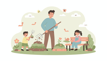 Father and children enjoy gardening together connecting with nature and exploring its wonders