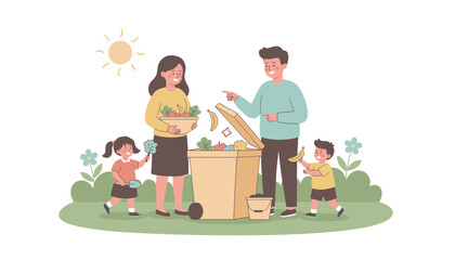 Happy family composting organic waste outdoors teaching kids about sustainability and ecoliving
