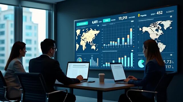 Business meeting scene analyzing USA versus Asian market strategies using digital dashboards displaying economic indicators and trade statistics in boardroom in  Photo Stock  Concept  and empty space 