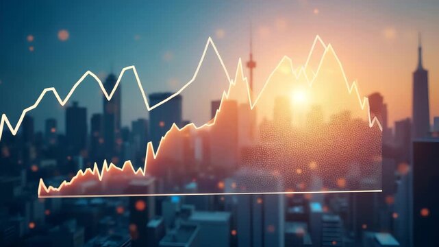 High?resolution economic news graphic displaying inflation and employment trendlines against symbolic city skyline conveying financial market developments in  Photo Stock  Concept  and empty space on 