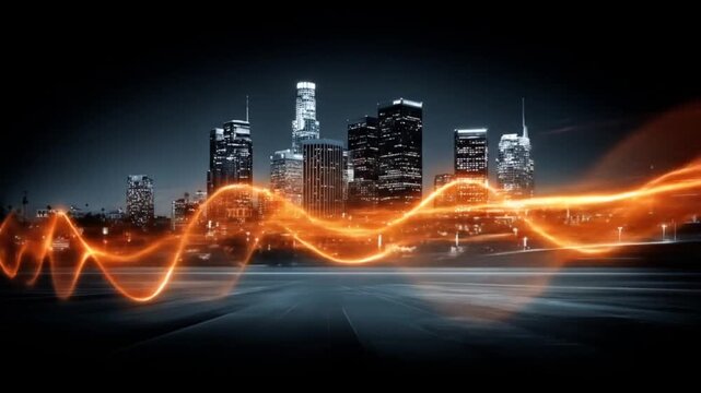A dynamic cityscape at night, highlighted by streaks of orange light, creating a futuristic and energetic mood.