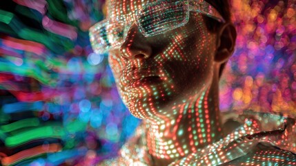 A young adult stands still while colorful light projections dance across their face and clothing. This scene takes place at a nighttime art event creating a captivating atmosphere.