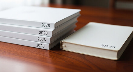 White yearly planners and diaries for 2025, 2026, and 2028 stacked on a wooden office desk.