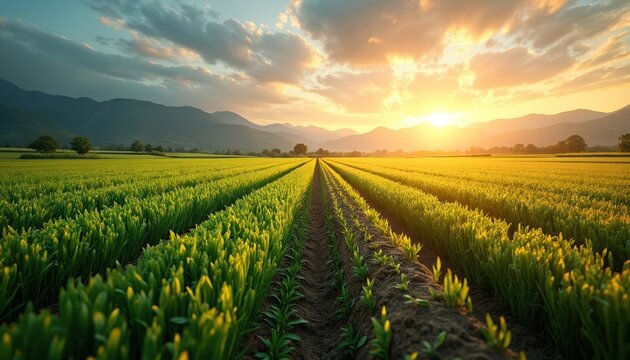 Rows of green plants grow in a field at sunrise. Crops are planted in straight lines. Mountains are in the background under a cloudy sky. Sun rises over mountains.