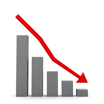 Bar graph with red arrow pointing down isolated on white background