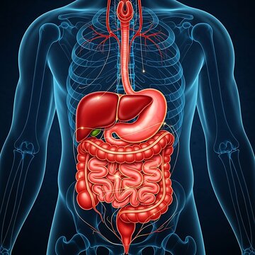 Human digestive system anatomy illustration on blue background