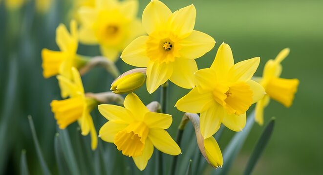 A vibrant cluster of yellow daffodil flowers blooming in the spring season - Powered by Adobe