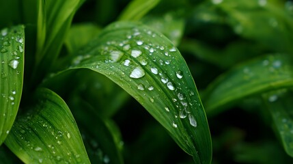 Close-up of lush green leaves glistening with clear water droplets after rain.