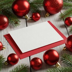 Blank card with envelope surrounded by red christmas ornaments on wood