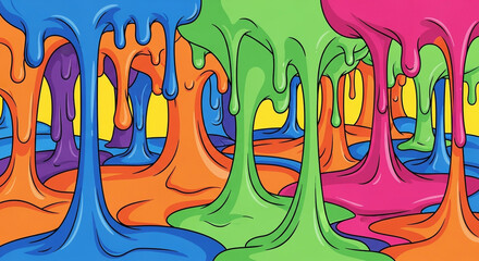 Colorful slime drips down in a playful and vibrant illustration, creating a fun and dynamic background with a variety of bright and cheerful colors
