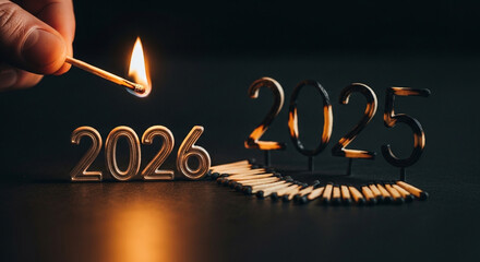 A hand holding a lit match ignites the number 2026, symbolizing the transition into the new year, with 2025 numbers behind it.