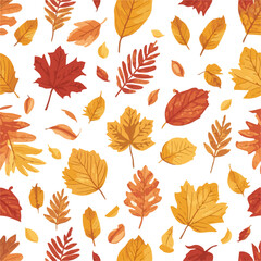 Vector design of A vibrant autumn background featuring a flat design pattern of fall leaves in warm golden, orange, and crimson hues, with delicate details and subtle texture