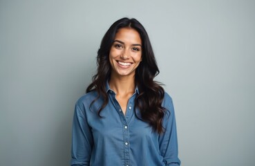 Fototapeta premium Young brunette woman with dark wavy hair smiles happily. She wears a blue denim shirt against a plain grey background. Her facial expression is friendly and positive.