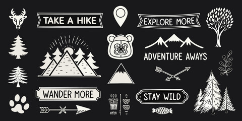 Collection of hand drawn outdoor adventure icons and motivational phrases on a black background