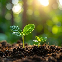 Two green sprouts emerging from dark earth in sunlight