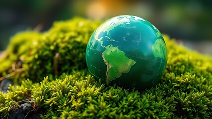 Green planet Earth globe resting on natural moss, environmental conservation theme.