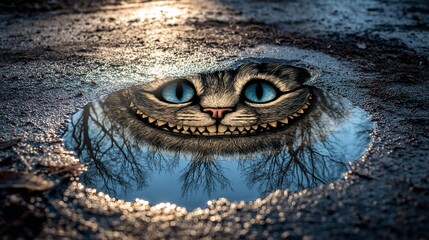 A surreal reflection of the cheshire cats face in a puddle, capturing its enigmatic smile and piercing eyes