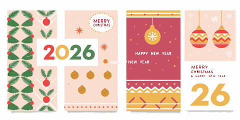Festive new year and merry christmas greeting cards featuring the year 2026 and holiday ornaments