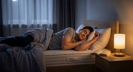 Fototapeta premium Young man peacefully sleeping in a cozy bedroom.