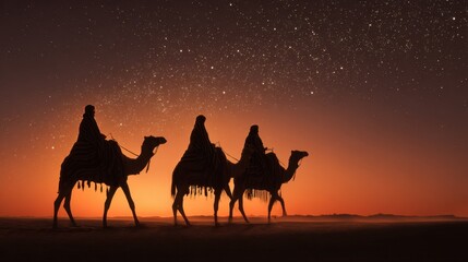 Three riders on camels journey through a vast desert at sunset. The sky glows with warm colors while stars begin to appear above. The scene captures the beauty of nature and adventure.